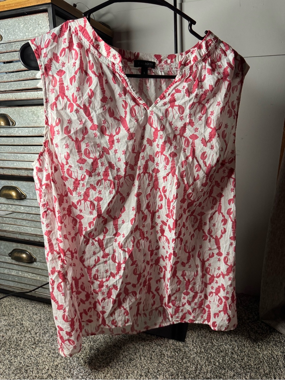 Talbots White Sleeveless V-Neck Top with Red Lobster Print